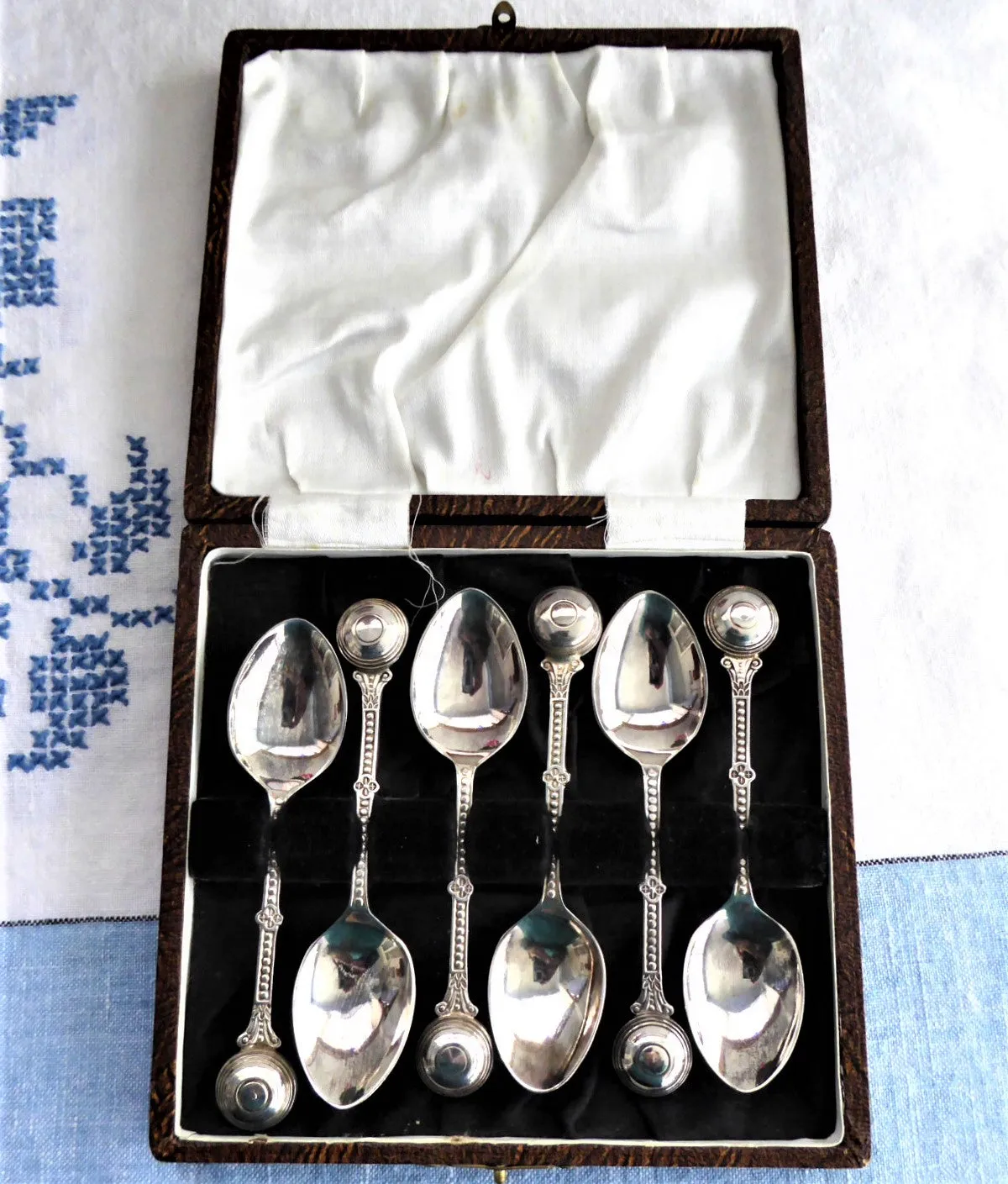 Lawn Bowling Ball English Silver Spoons 6 Boxed Demitasse Spoons 1930s Art Deco