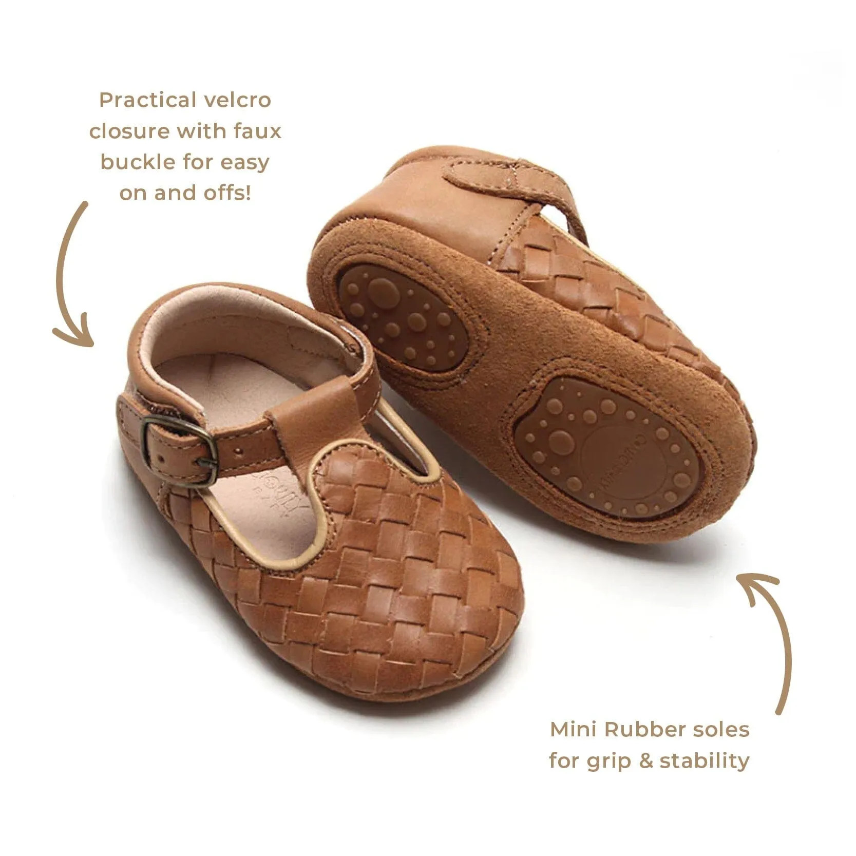 Leather Woven T-Bar | Color 'Walnut' | Soft Sole