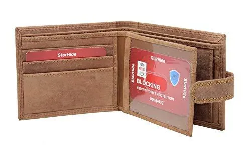 STARHIDE Men's Designer Wallet RFID Blocking Distressed Hunter Vintage Leather Coin Pocket Purse Gift Boxed - 1065 (Brown)